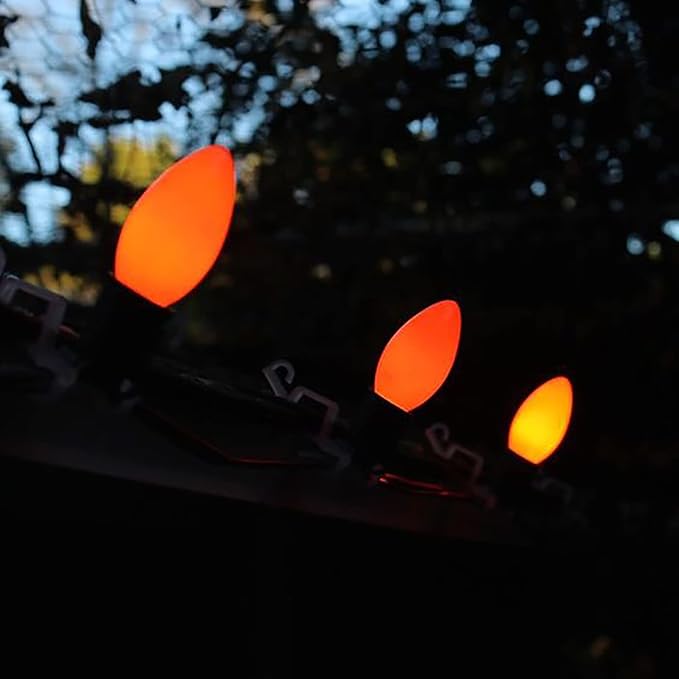 25Ft Halloween Ceramic String Lights, C9 Opaque Orange String Lights with 25 Vintage Bulbs, Outdoor Hanging Lights for Halloween Party Christmas Tree Prom Decor, 7W, C9/E17 Base, Black Wire