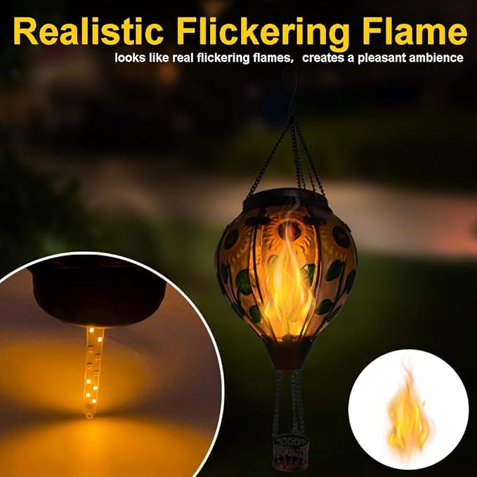 2PC Hot Air Balloon Solar Lantern with 2PC Shepherd Hook, Flickering Flame Hanging Solar Lanterns Outdoor Lights Waterproof Lanterns Decorative Garden Patio Yard Party Decor (Sunflower)