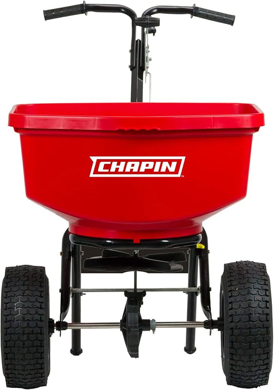 Chapin 8303C Made in the USA 100 lb. Contractor Turf Broadcast Spreader with Enclosed Gears System, Rugged Powder Coated Steel Frame, 12 Inch Tire, Includes Rain Cover and Grate, Red
