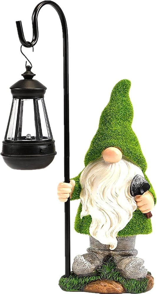 Flocked Solar Garden Gnomes Outdoor Statues-15.8”Outdoor Garden Decor-LED Outdoor Decor Light-Unique Housewarming Gifts Yard Art Sculptures for Patio Lawn Ornaments