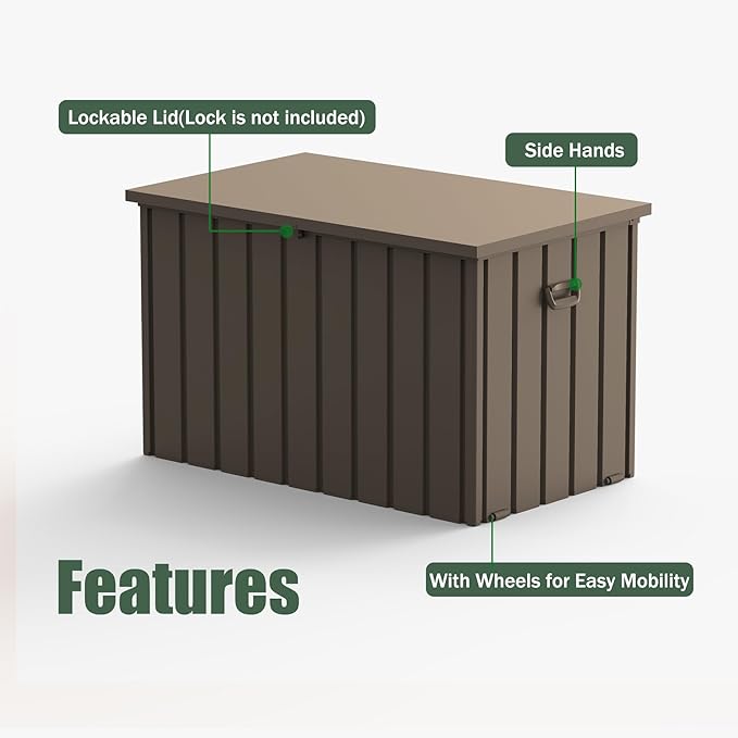 Domi Deck Box 160 Gallon, Waterproof Lockable Steel Outdoor Storage Container for Outside Cushions, Garden Tools and Pools Equipment, Brown