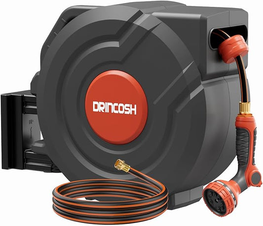 Upgraded Retractable Garden Hose 5/8 in x 90 ft Heavy Duty Wall-Mounted Hose Reel 180°Swivel Automatic Slow Return Any Length Lock 9 Pattern Nozzle UV Resistant (Black)