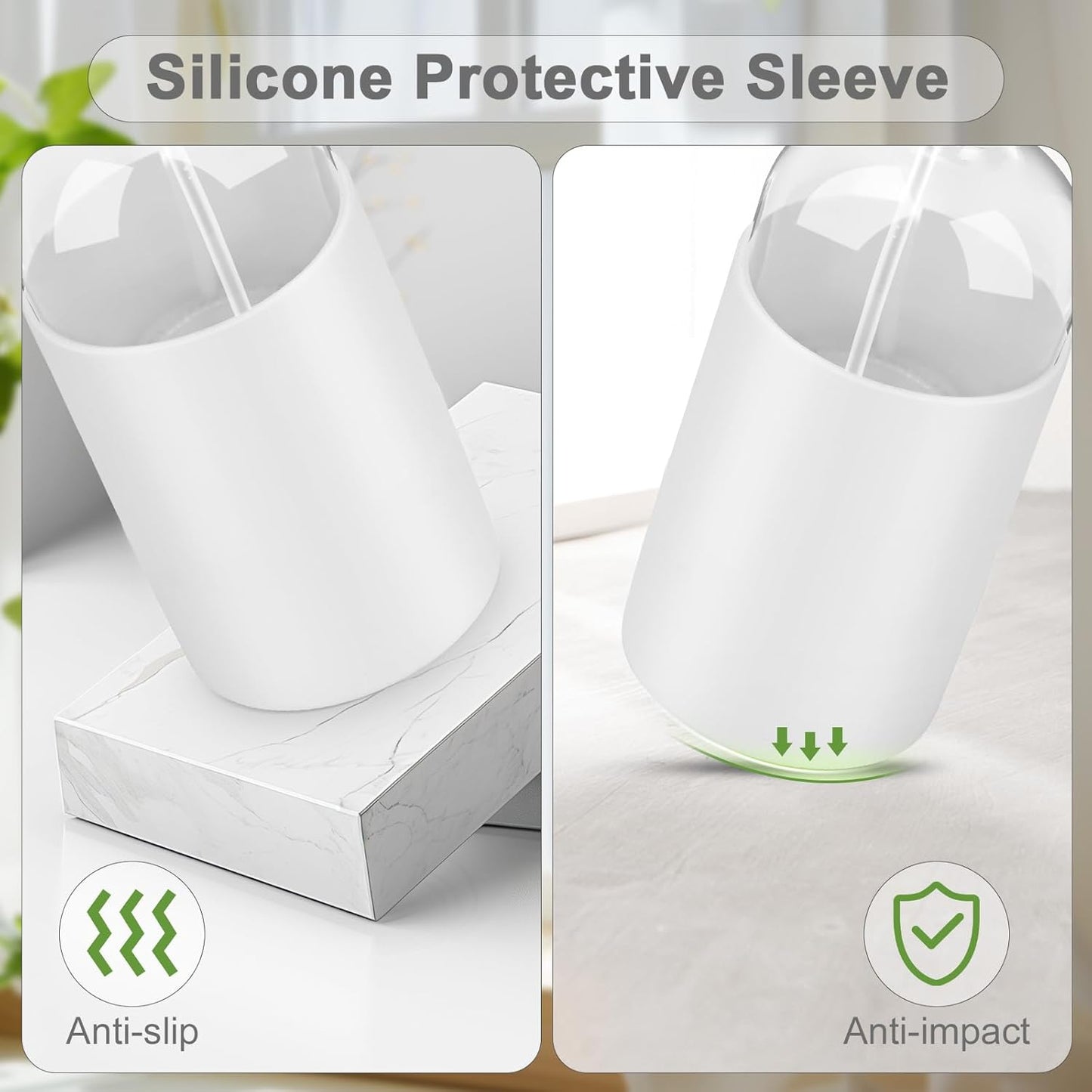 2 Pack Glass Spray Bottles with Silicone Sleeve, 16 oz Empty Refillable Containers with Adjustable Spray Nozzles, Spray Bottles for Hair, Cleaning Solutions and Plants White