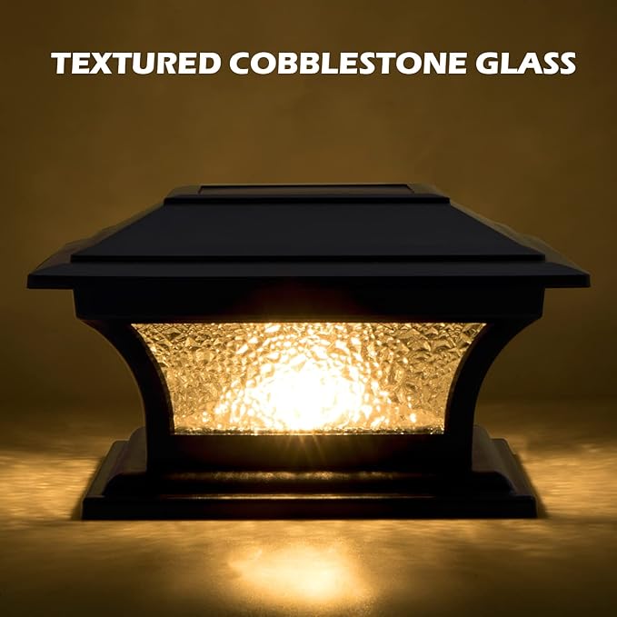 SIEDiNLAR Solar Post Cap Lights Outdoor Glass LED Fence Deck Light 2 Modes for 4x4 5x5 6x6 Wooden Vinyl Posts Patio Garden Decoration Warm White/Cool White Lighting Black (6 Pack)
