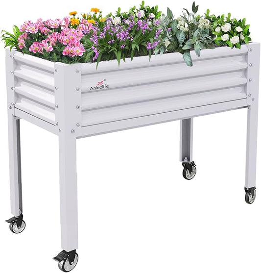 A ANLEOLIFE Galvanized Raised Garden Bed with Legs,48x24x35in Large Elevated Planter Box on Wheels with Drainage Holes for Backyard, Balcony, Patio, 600lb Capacity, Antique White
