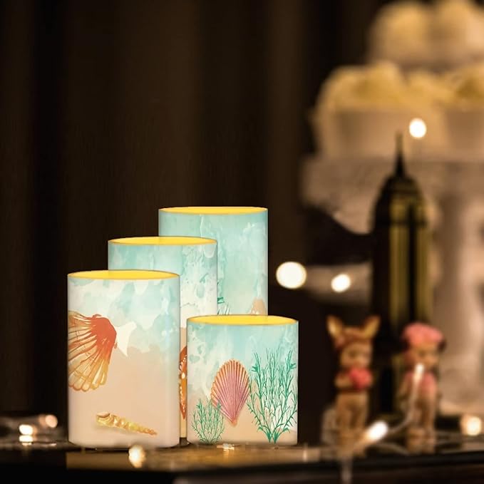 Beach Flameless Candles Battery Powered with Multicolor Timer Remote Control Everlasting Fake Candles for Coastal Marine Garden Indoor Outdoor Decor, Starfish Seashell Coral