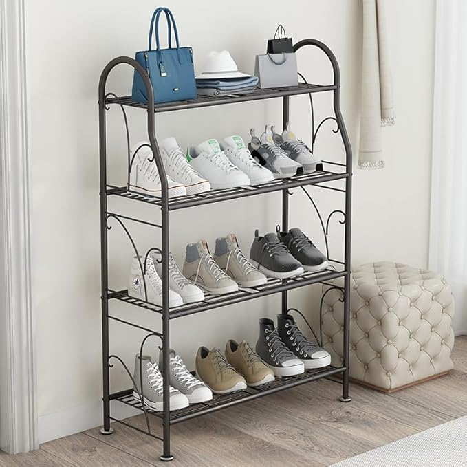 4 Tier Metal Plant Stand with wheels rack, Heavy Duty Metal Plant Shelf for Indoor/Outdoor Living Room, Balcony, Garden, Black