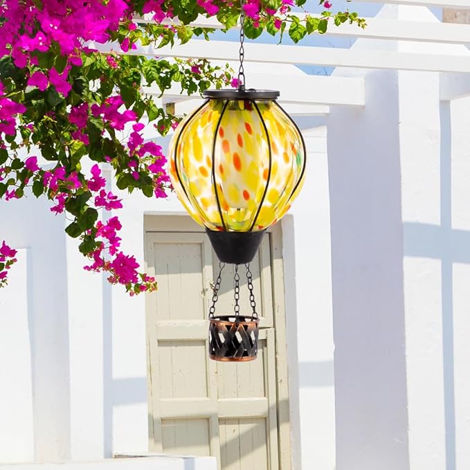 Hot Air Balloon Solar Lanterns with Flickering Flame Light,Glass Hanging Solar Lanterns Outdoor Waterproof Hot Air Balloon Light for Patio Yard Garden Decor Mother Day Gifts for Women(Yellow)