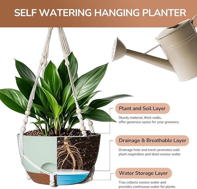 12 Inch Hanging Baskets for Plants Outdoor, Hanging Planters for Indoor Outdoor Plants, Hanging Planter with Self Watering, Hanging Flower Pots (Green Planter with Macrame + Iron Hangers)