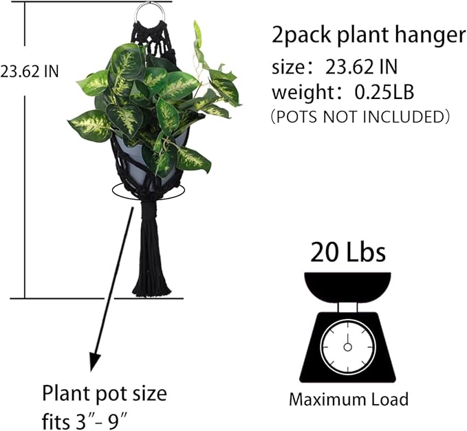 Artilady 2 Pack Black Macrame Plant Hanger Indoor - Large Hanging Planters for Wall Plants Holder Short Hademade Boho Farmhouse Rustic Home Decor