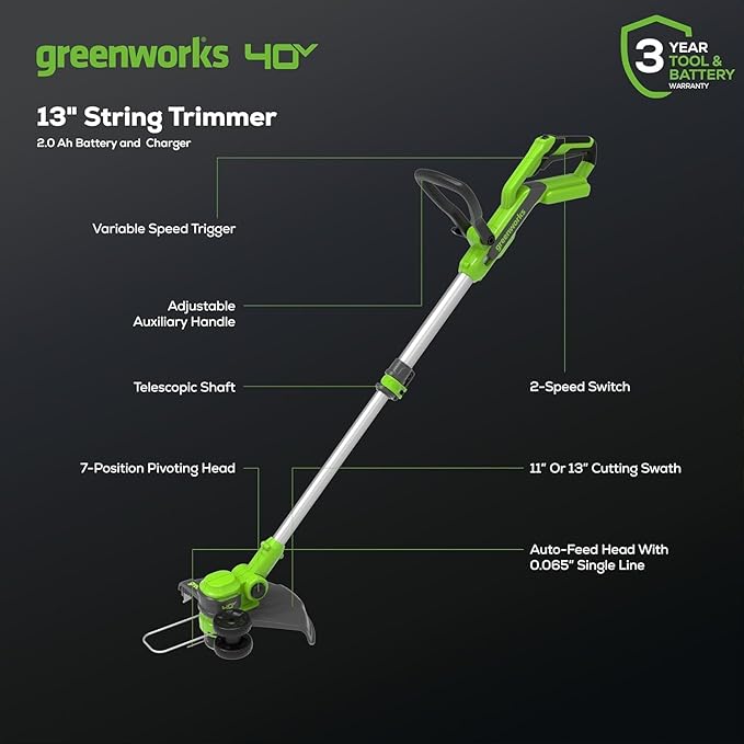 Greenworks 40V 21" Self-Propelled Lawn Mower,Axial Leaf Blower(500 CFM / 120 MPH),13" String Trimmer, 160 PSI Portable Tire Inflator, Includes 2 Batteries(5Ah+2Ah) & Chargers