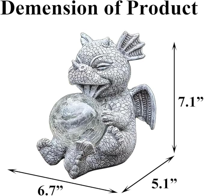 Garden Dragon Statue Outdoor Decor, Baby Resin Figurine Holding Magic Orb With Solar LED Lights, 7.1" for Patio, Lawn & Yard, Summer Gift for Mom