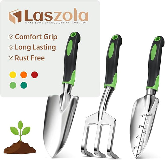 LASZOLA 3 Piece Garden Tool Set Include Hand Trowel Rake and Transplant Shovel for Women, Indoor Heavy Duty Small Spade Kit with Ergonomic Handle to Weed and Loosen, for Mom and Plant Beginner, Green