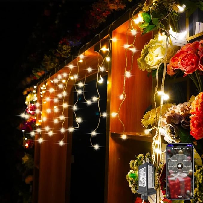 YASENN Bluetooth APP Icicle Lights LED Christmas String Light Icicle Style 300 LED 30ft Fairy Lights 60 Drops Icicle Lights for Indoor Outdoor Decorations(Warm White)