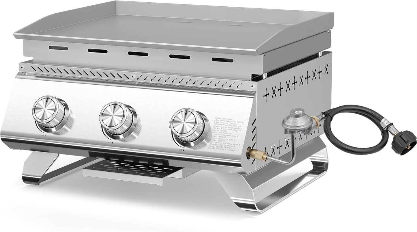 3-Burner Stainless Steel 2-in-1 Tabletop Grill and Griddle Combo, 24,000 BTU Portable Flat Top Propane Gas Grill for Commercial BBQ, Outdoor Cooking, Camping, Tailgates & Backyard