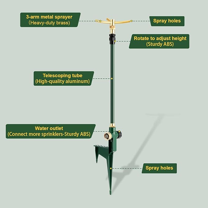 3-Arm Garden Sprinkler,360 Degree Rotating Lawn Sprinklers with Adjustable Tripod Base,Yard Sprinkler for Large Area Coverage,Hose Attachment Water Sprayer for Lawn,Garden,Animal Deterrent
