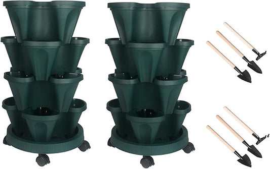 Vertical Planter 4 Tier Stackable Planters Garden Planters Strawberry Herb Flower and Vegetable Planter Indoor Outdoor Gardening Pots with Removable Wheels and Tools 2-Pack