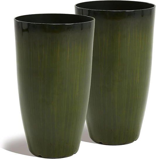 Worth Garden 23.5" H. Large Plastic Planters - Set of 2 Gradient Green Glossy Smooth Finish - Tall Plant Pots for Indoor & Outdoor Use - Decorative Lightweight Flower Pots for Front Porch, Patio, Deck