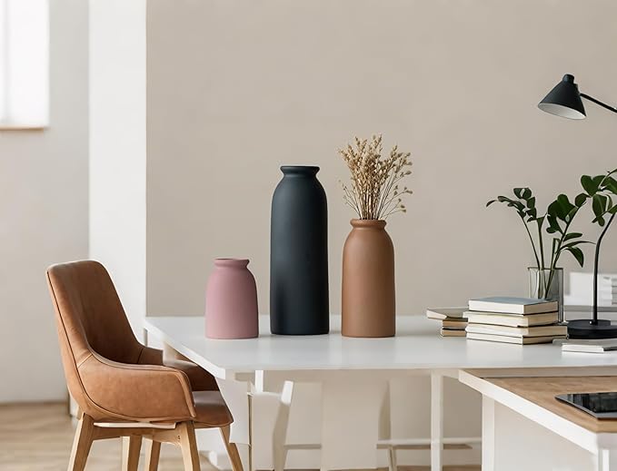 Ceramic Vase Set-3, Small Flower Vases for Decor, Modern Boho Farmhouse Style, Decorative Vases for Pampas Grass & Dried Flowers, Distressed Finish (Light Coffee)