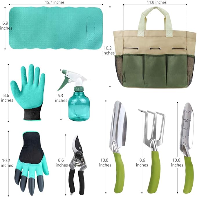 Garden Tools Set with 3 Pcs Aluminum Gardening Tools, 1 Pc Pruning Shear, 1 Pc Mister Spray Bottle, 1 Pc Foam Kneeler，1 Pair Garden Gloves with Claws and 1 Pc Gardener Bag, Gifts for Mom Dad