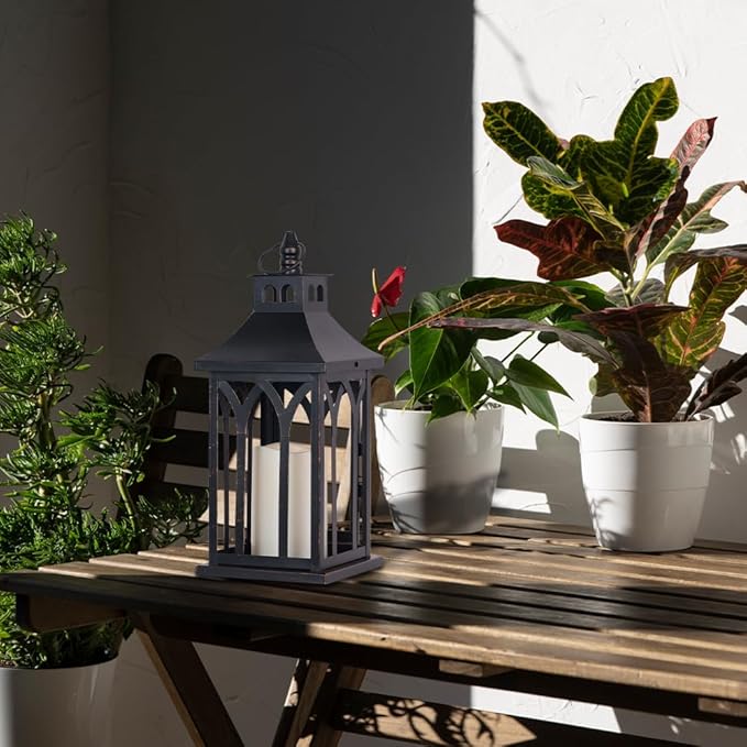 DECORKEY Decorations for Home, Decorative Led Candle Lantern Indoor Outdoor Decor, Metal Hanging Candle Holder with Xmas Teardrop Wreath and LED Candle for Table Centerpieces, Patio (Black)