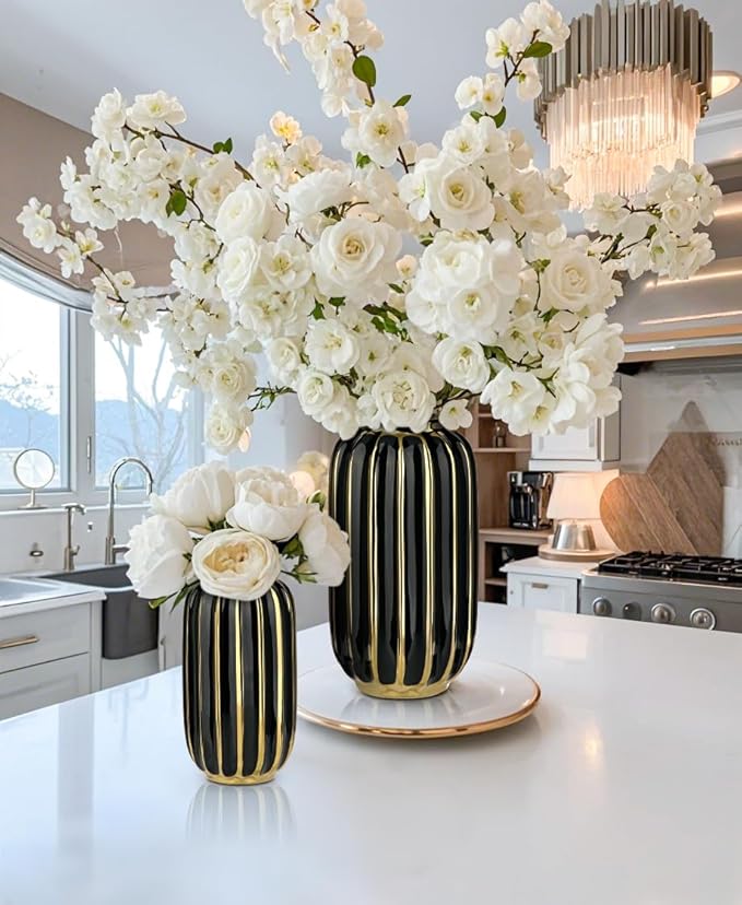 Briful Gold Plated Lantern Ceramic Vase Home Decor Creative Design Porcelain Decorative Flower Vase 11.02'' Black Ceramic Vases for Wedding Anniversary Decoration