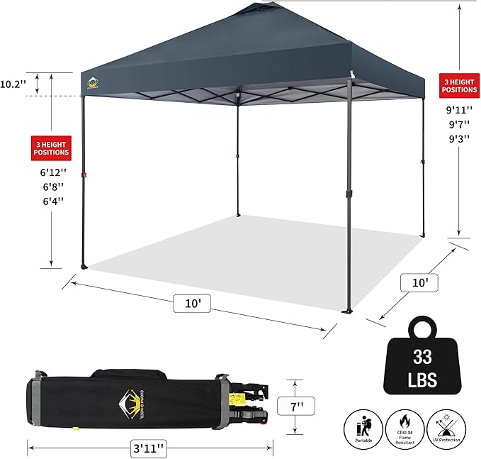 CROWN SHADES 10x10 Pop Up Canopy Tent - Patented Center Lock One Push Instant Outdoor Canopy Beach Tent with STO-N-Go Bag 8 Stakes & 4 Sand Bags，Grid Grey