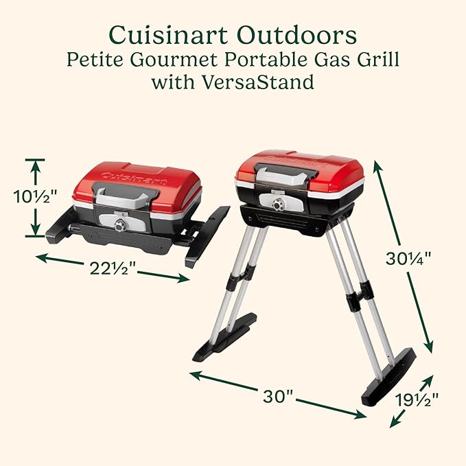 Cuisinart Petite Gourmet Portable Gas Grill with VersaStand, Compact Portable Grill Propane, 150 Sq. In. Cooking Surface, 5,500 BTU Burner Small Gas Grills for Camping, BBQ, Adjustable Base, Handles