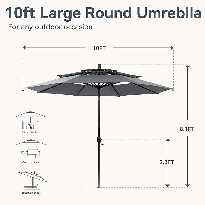 GREEN PARTY 10ft Outdoor Patio Umbrella, Auto-Tilt Market Table Umbrellas with Crank, 8 Sturdy Ribs & 1.5" Pole UV Protection for Garden Deck Backyard Pool