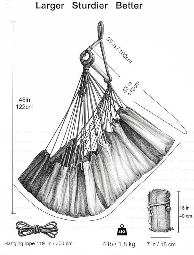 Hammock Chair Large Hammock Swing,110 X 150cm Load 150kg,Cotton Hanging Chair Hardwood Spreader Bar Wide Seat Swing Chair (Beige)