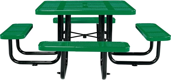 Global Industrial 46" Square Picnic Table, Perforated Metal, Green Thermoplastic Coating, Attached Benches, 1-1/2” Umbrella Pole Hole, Outdoor-Rated, 1200 lb Capacity