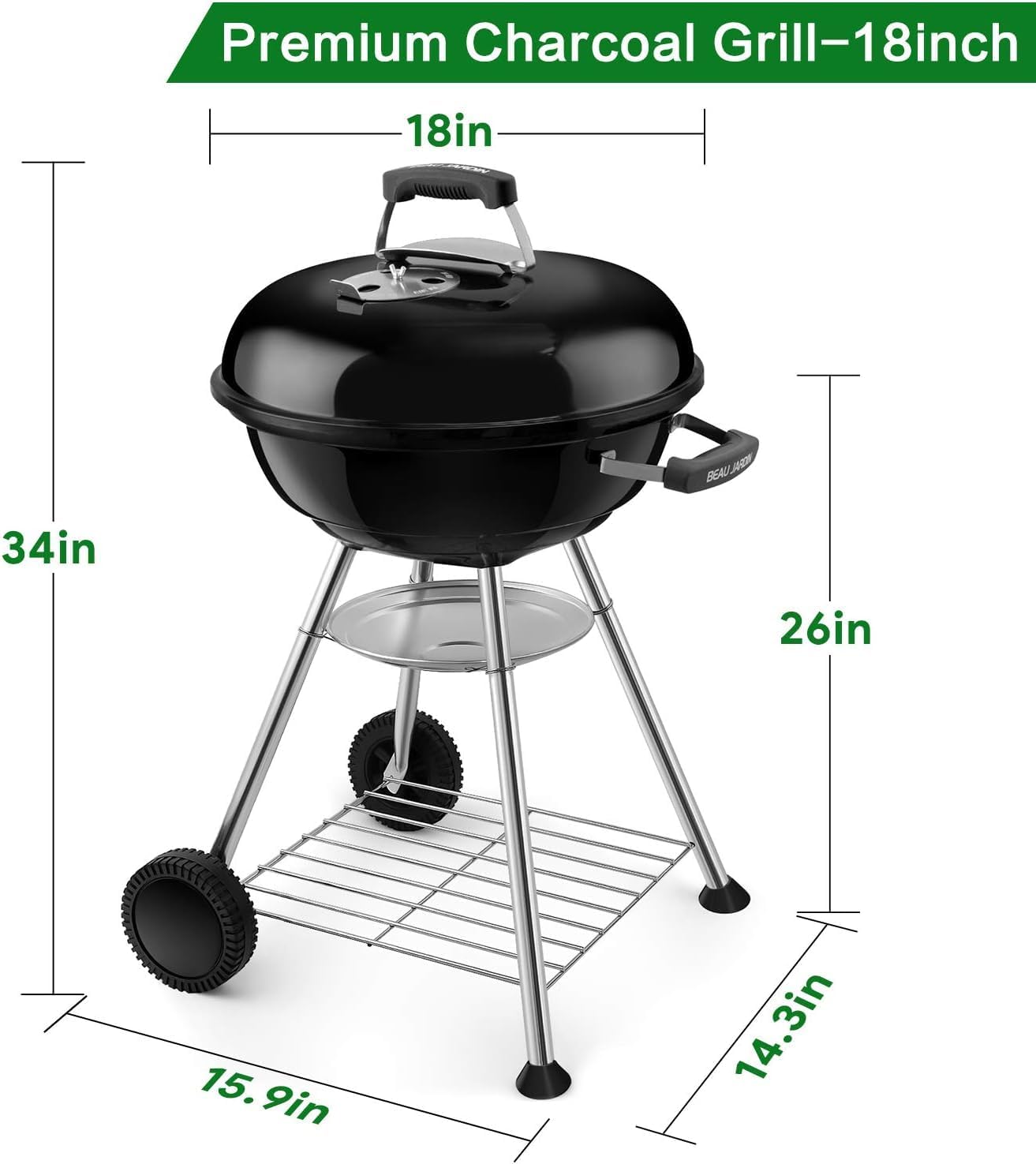 BEAU JARDIN Charcoal Grill 18 Inch for Outdoor Cooking BBQ Barbecue Coal Kettle Bowl Grill Portable Heavy Duty Round with Wheels Grilling for Tailgating Patio Backyard Camping Black BG4691