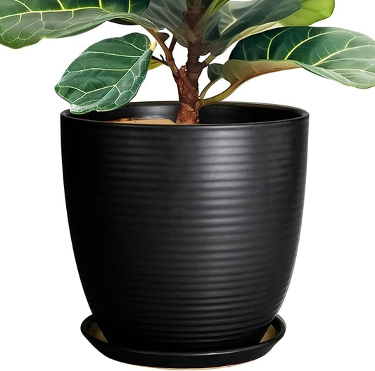 12 Inch Pots for Plants - Ceramic Planter Pot, Large Flower Pot with Drainage Hole and Saucer for Home Patio Garden Office Indoor Outdoor, Black