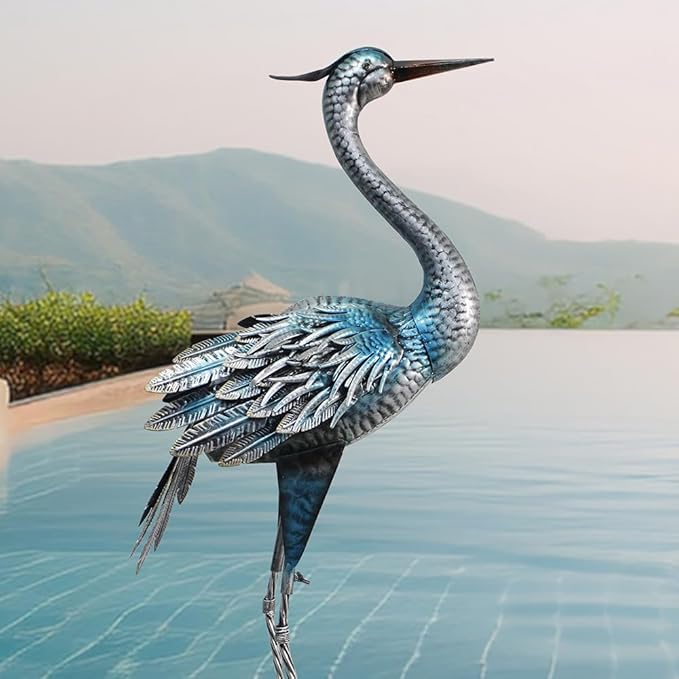 Crane Garden Decor Statue, Blue Heron Garden Statue Metal Yard Art Outdoor Decoy, Garden Sculptures & Statues for Yard/Garden/Lawn/Pond/Outdoor Decoration, 1Pc