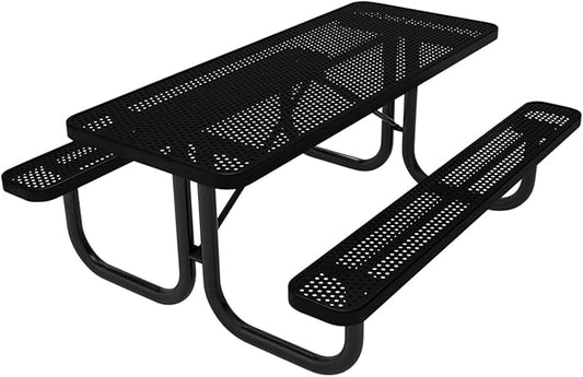 Coated Outdoor Furniture Heavy-Duty Portable Outdoor Picnic Table, Thermoplastic Coated Punched Steel Commercial-Grade Patio Dining Furniture Made in America (6ft Rectangular, Textured Black)