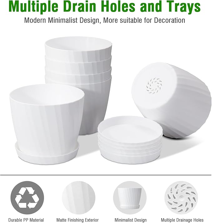 6 Inch Plant Pots Bulk, 6 Pack Plastic Planters with Drainage Holes and Saucers for Indoor Outdoor House Plants and Flowers, White