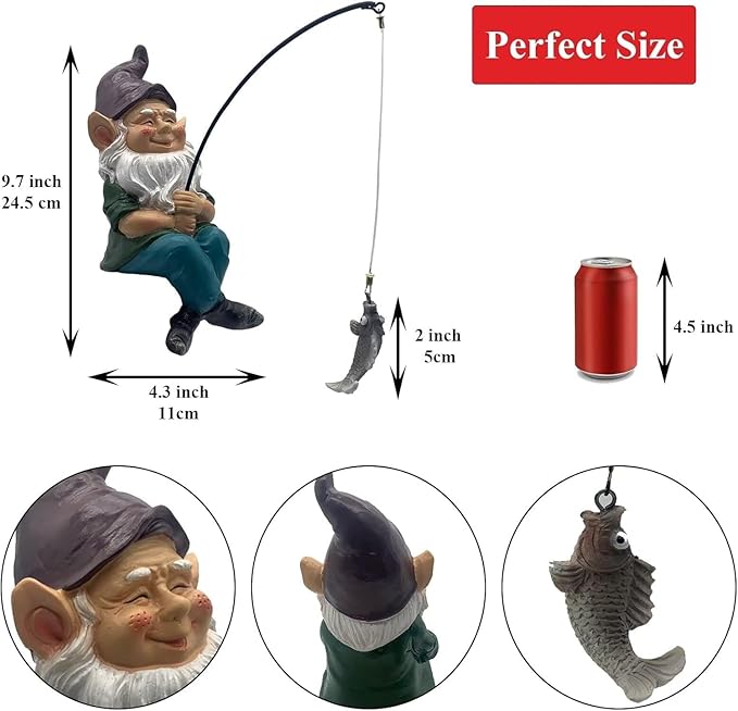 Gnomes Fishing Statue Garden Decor – 9.8" Weatherproof Resin Gnomes Fishing Sculpture Decor for Fish Ponds, Koi Ponds, Waterfalls, Poolside & Outdoor Gardens– Resin Figurine for Indoor & Outdoor Décor