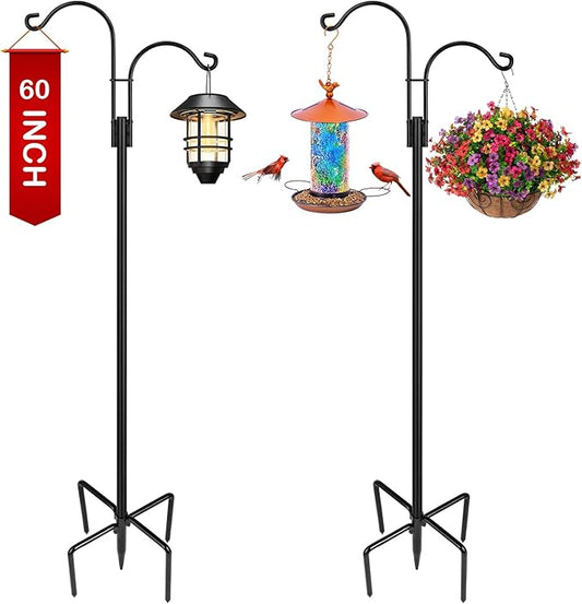 XDW-GIFTS Double Shepherds Hooks for Outdoor, 2-Pack Heavy Duty Garden Pole for Hanging Bird Feeder, Plant Baskets, Solar Light Lanterns, Garden Plant Hanger Stands with 5 Base Prongs