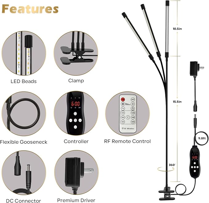 GLOWRIUM Plant Light, LED Grow Lights for Indoor Plants, Clip Plant Light with LCD Display Timer, Full Spectrum Suitable for Any Growth Stage of Plants, 10 Dimmable Levels, Remote Control (3 Strips)