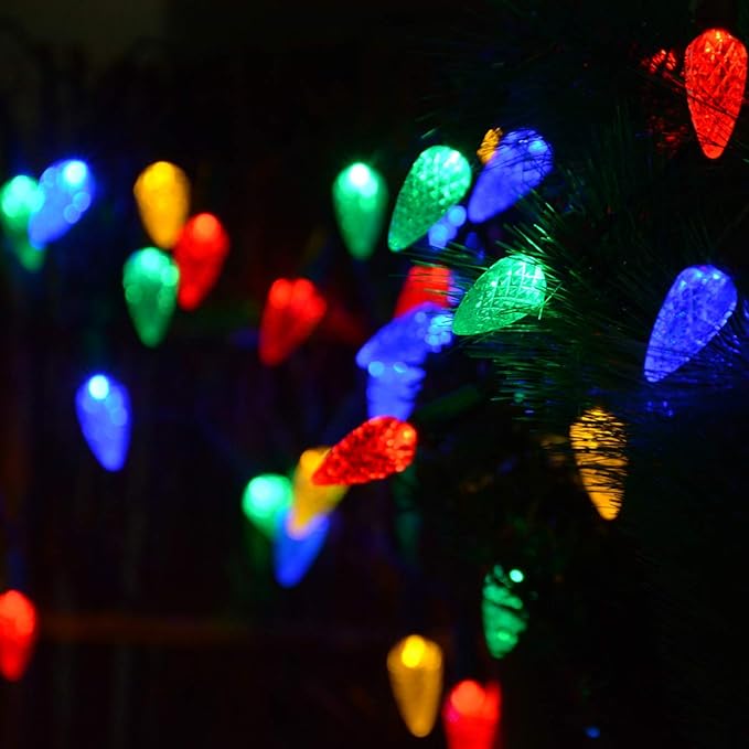 Solar Christmas Lights Outdoor C6 Strawberry String Lights, LED Christmas Fairy Lights 50 LEDs Solar Operated Rechargeable Garden Lights for Christmas Tree, Holiday, Arbor Decor(Multicolor, 8 Modes)