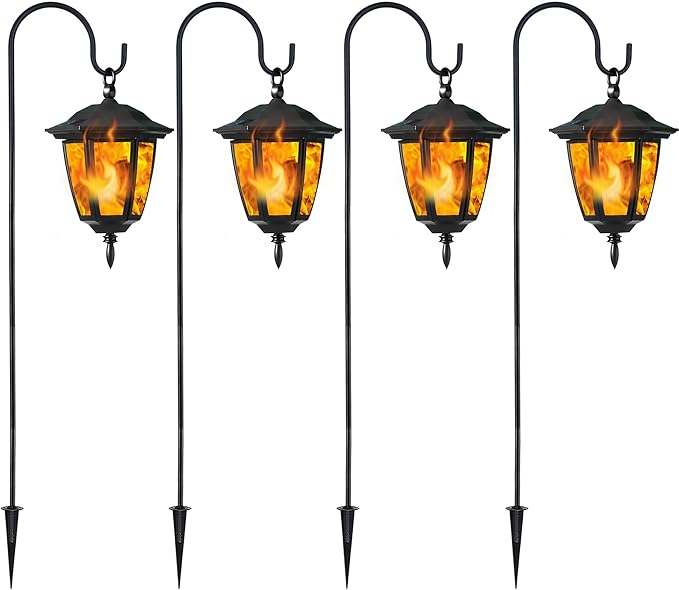 Dynaming 4 Pack Solar Flame Hanging Lights Outdoor, Solar Flickering Flame LED Garden Lanterns with 4 x 38 Inch Shepherd Hooks, Landscape Lighting Waterproof for Lawn Patio Yard Pathway Driveway