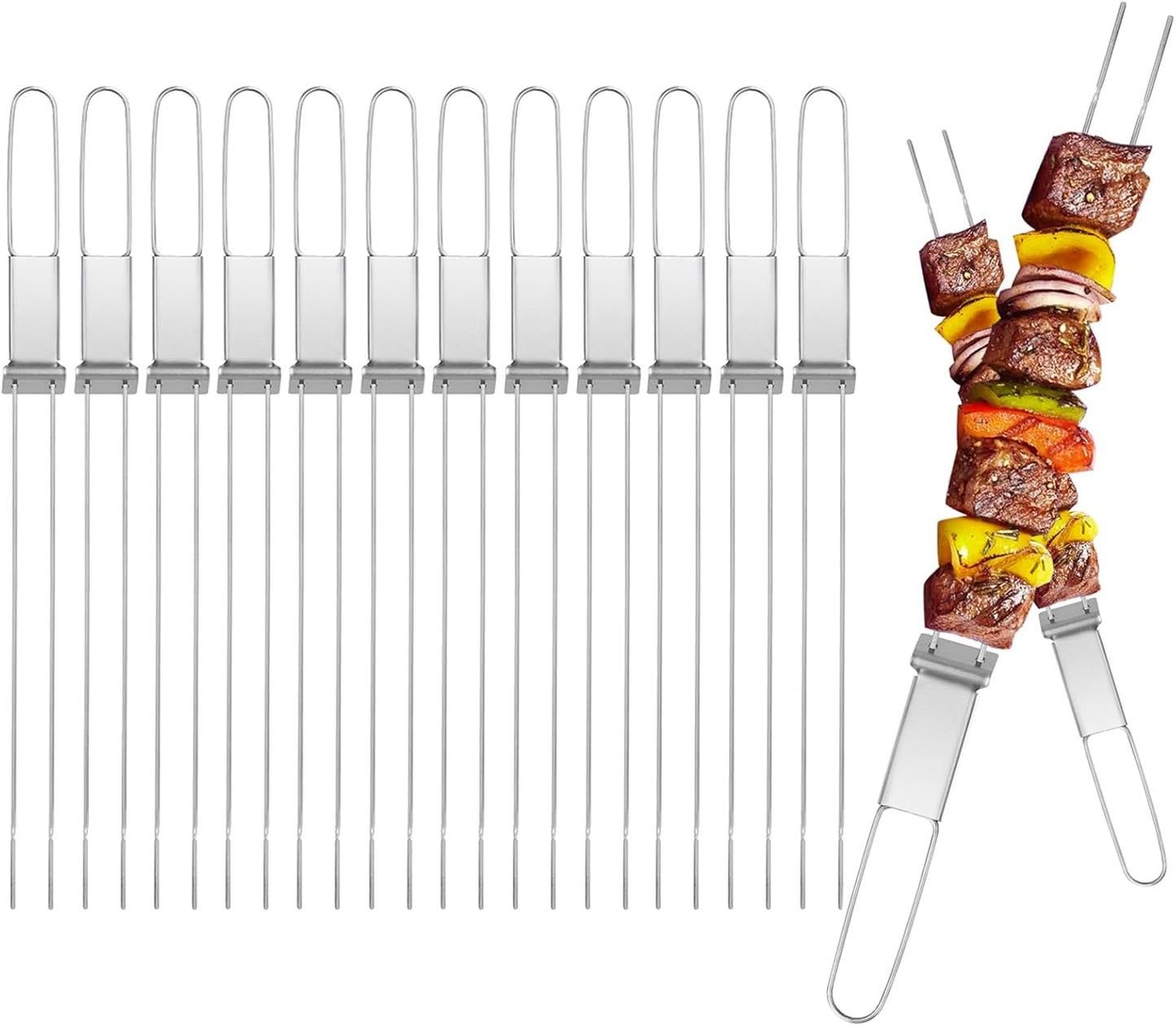 13inch 12(packs) Double Fork Flat Stainless Steel BBQ Skewers with Push Bar, Reusable Skewers for Grilling Kabob Skewer for Meat, Vegetable, BBQ Accessories