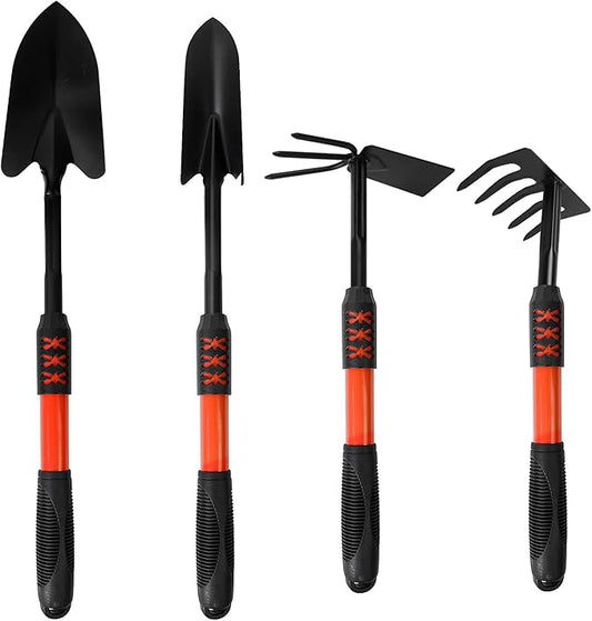 Luwint Gardening Tools Kit, Pack of 4 Garden Tool Set with Non-Slip Handle, Sturdy Classic Utility Tool Heavy Duty Steel Garden Tools with Long Ergonomic Handle for Maintaining Lawn Garden Vege