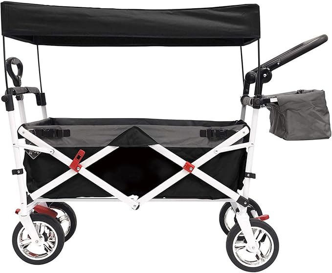 Creative Outdoor Push Pull Folding Wagon for Cargo | Beach Park Garden Sports & Camping | Black with Canopy