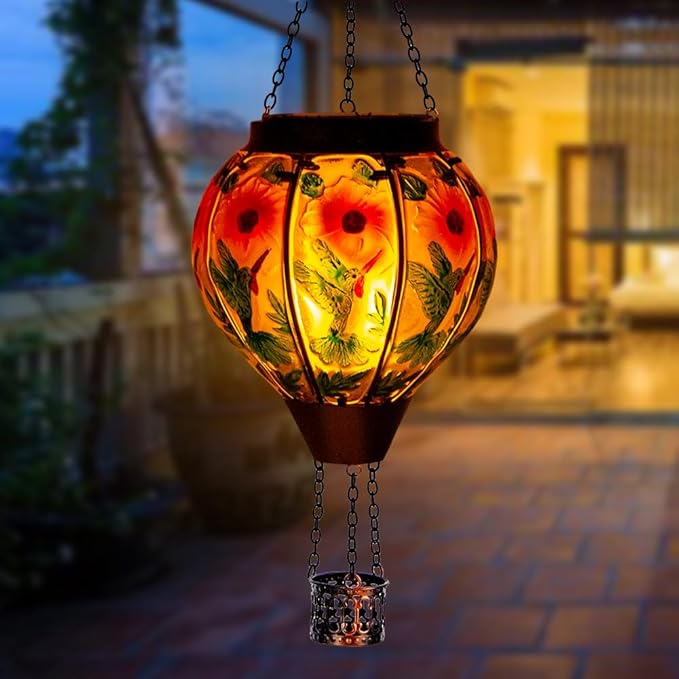 DREAMSOUL 2PCS Hummingbird Hot Air Balloon Solar Lantern, Hanging Glass Solar Lanterns Outdoor Waterproof for Garden Tree