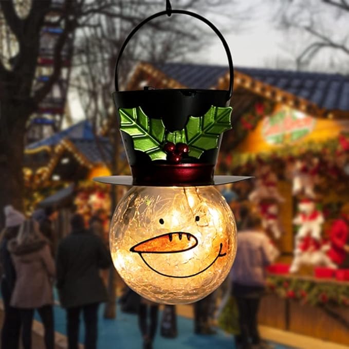 Starsoul Snowman Solar Lanterns, Christmas Outdoor Hanging Lantern Waterproof Decorative Snowman Lamps Decor for Garden, Patio, Yard, Porch, Xmas Holiday Party Decor (Large Leaves)