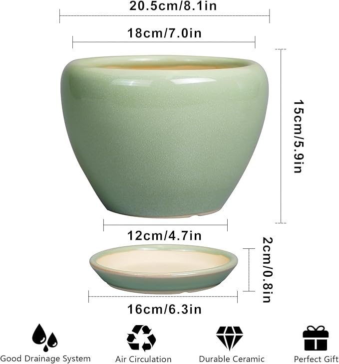 8 Inch Plant Pot - Ceramic Planter for Outdoor Plants Indoor Plant Pot with Drainage Hole and Saucer Mid-Century Round Planter Flower Pot for House Garden Green