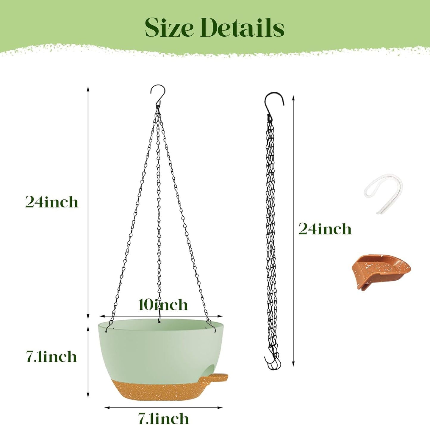 10 Inch Hanging Planters with Chains 2 Pack Self Watering Green Brown Plastic Hanging Pots for Indoor Outdoor Plants, Garden Porch Home Decor (Green Brown)