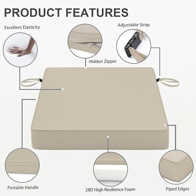 Favoyard Patio Chair Cushions 24 x 24 x 4 Inch Waterproof Outdoor Seat Cushions for Patio Furniture 3-Year Color Fastness Garden Sofa Couch Chair Pads with Handle & Adjustable Straps Set of 2, Beige