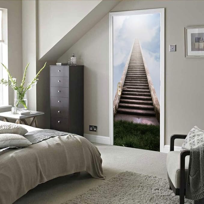 3D Door Stickers Murals - Stairs - Peel and Stick - Waterproof & Washable - Matt Finish - Modern Style - White - 31.5" x 78.7" (2 PARTS)